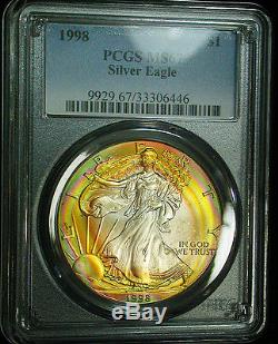 Spectacular 1998 PCGS MS67 Superb Gem Rainbow Target Toned American Silver Eagle