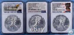 Three 2021 1oz Silver Eagle MS70 NGC T-1 Emergency Release Philly Mint Coins