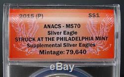 Ultra Rare Anacs Graded Perfect Ms-70 2015-p Philadelphia American Silver Eagle