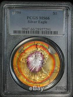 Wild 1999 PCGS MS66 Gem Rainbow Target Toned American Silver Eagle
